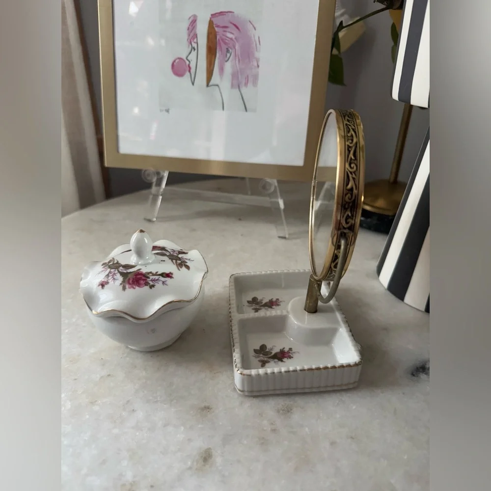 vintage porcelain vanity mirror and jar set